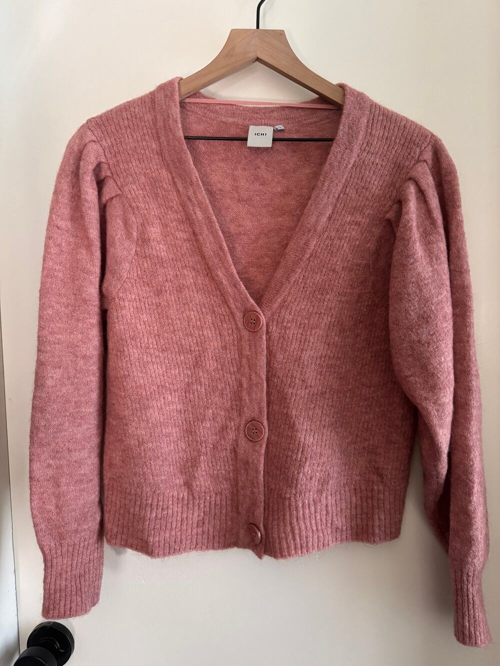 ICHI pink cardigan sweater with gathered full sleeves - S